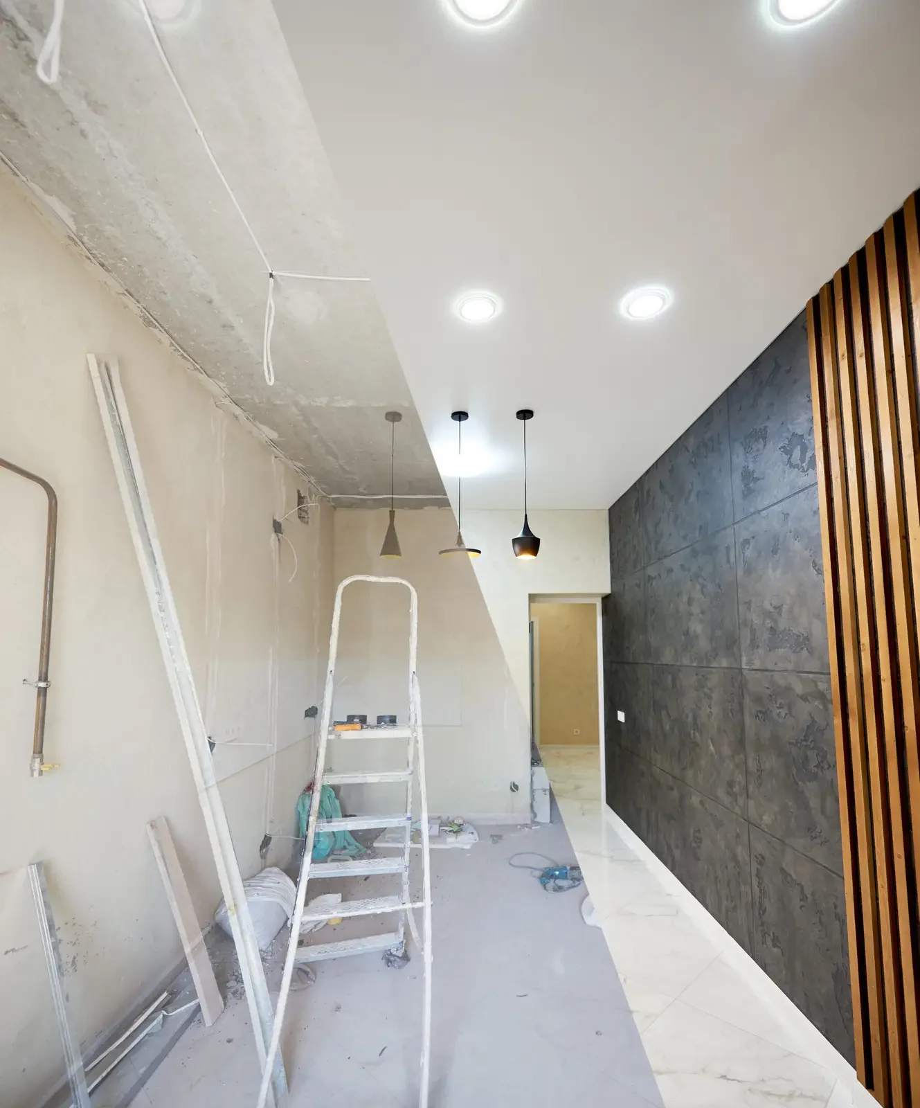 Renovation concept, new kitchen before renovation works and after, shiny tiles on the floor, modern chandeliers hanging from ceiling vs messy room with ladder in the middle
